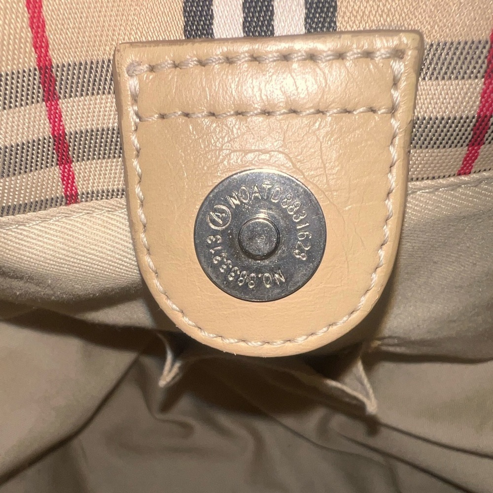 Burberry Nova Check Canvas Leather Tote Tan Black Red Traditional Plaid Pleated - Picture 15 of 16